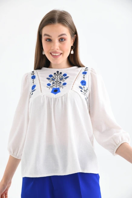 Kadın Kemik Bisiklet Yaka Balon Kol Nakışlı Aerobin Dokuma Bluz