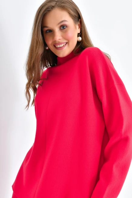 Dik Yaka Basic Kırmızı İkili Triko Takım