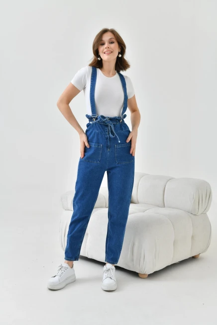 Kadın Koyu Mavi Beli Lastikli Denim Bahçıvan Salopet Tulum