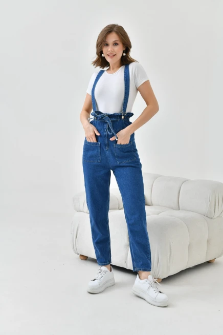 Kadın Koyu Mavi Beli Lastikli Denim Bahçıvan Salopet Tulum