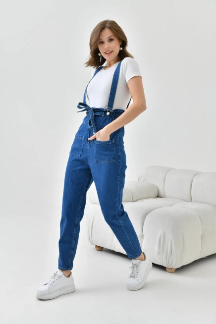 Kadın Koyu Mavi Beli Lastikli Denim Bahçıvan Salopet Tulum