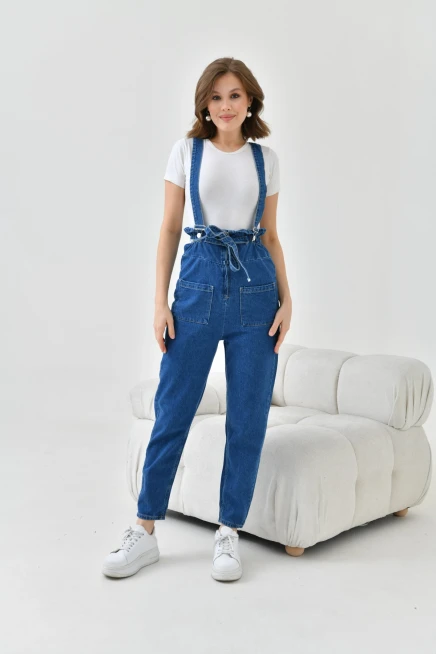 Kadın Koyu Mavi Beli Lastikli Denim Bahçıvan Salopet Tulum