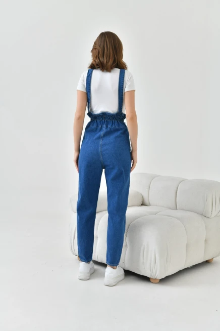 Kadın Koyu Mavi Beli Lastikli Denim Bahçıvan Salopet Tulum