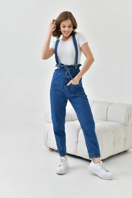 Kadın Koyu Mavi Beli Lastikli Denim Bahçıvan Salopet Tulum