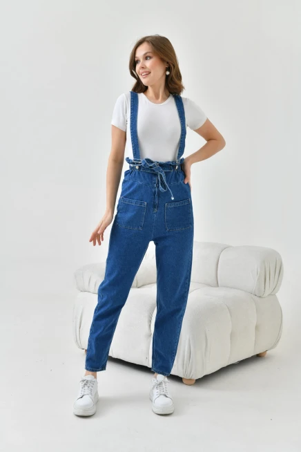 Kadın Koyu Mavi Beli Lastikli Denim Bahçıvan Salopet Tulum