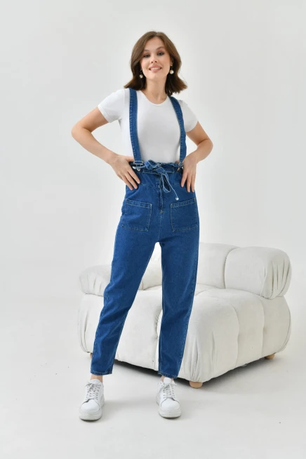Kadın Koyu Mavi Beli Lastikli Denim Bahçıvan Salopet Tulum
