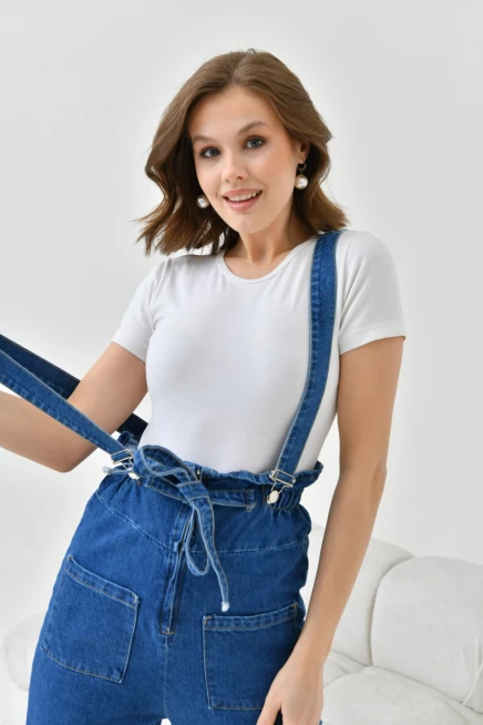 Kadın Koyu Mavi Beli Lastikli Denim Bahçıvan Salopet Tulum