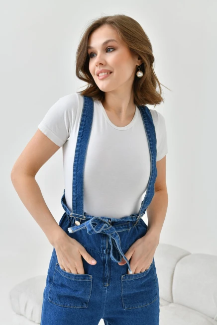 Kadın Koyu Mavi Beli Lastikli Denim Bahçıvan Salopet Tulum