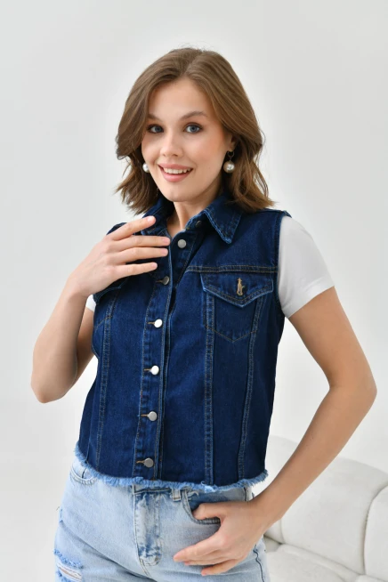 Kadın Koyu Mavi (Enzim) Düğme Detay Jean Yelek
