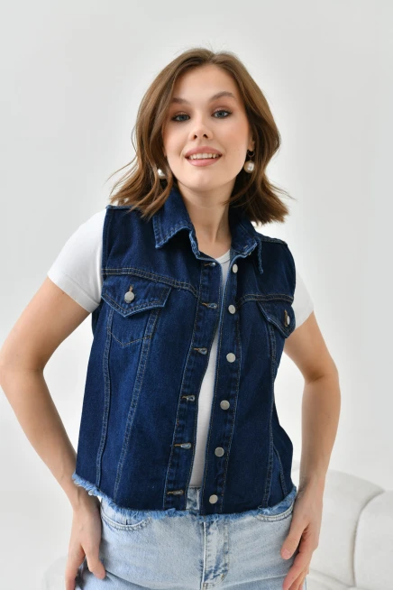 Kadın Koyu Mavi (Enzim) Düğme Detay Jean Yelek