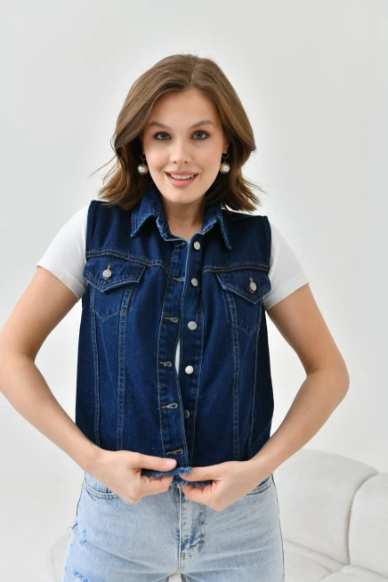 Kadın Koyu Mavi (Enzim) Düğme Detay Jean Yelek