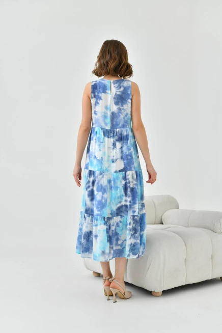 Kadın Lacivert Bisiklet Yaka Sıfır Kol Volan Detaylı Batik Elbise