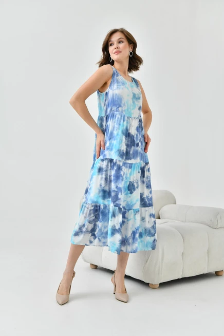 Kadın Lacivert Bisiklet Yaka Sıfır Kol Volan Detaylı Batik Elbise