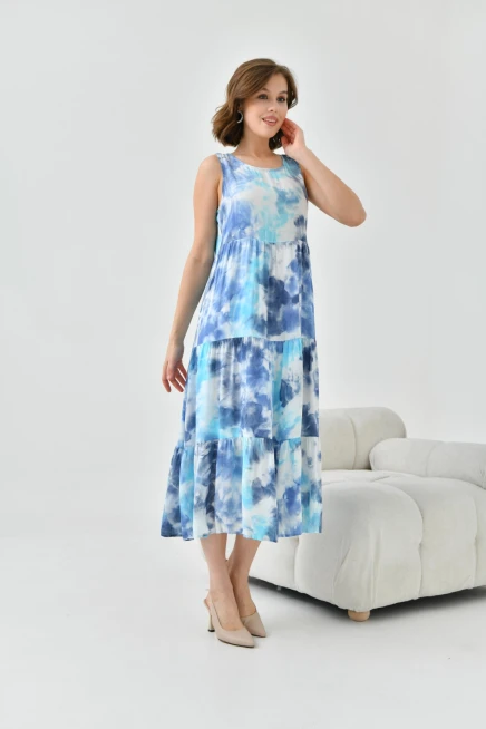 Kadın Lacivert Bisiklet Yaka Sıfır Kol Volan Detaylı Batik Elbise