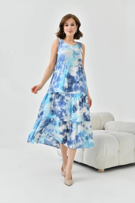 Kadın Lacivert Bisiklet Yaka Sıfır Kol Volan Detaylı Batik Elbise