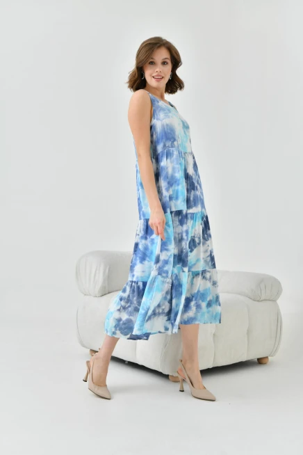 Kadın Lacivert Bisiklet Yaka Sıfır Kol Volan Detaylı Batik Elbise