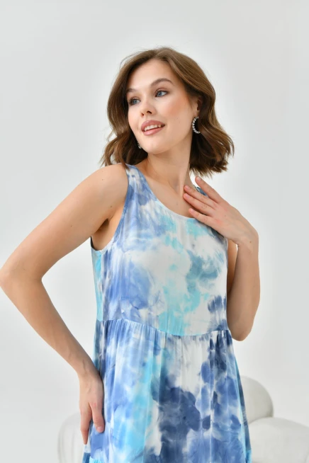 Kadın Lacivert Bisiklet Yaka Sıfır Kol Volan Detaylı Batik Elbise