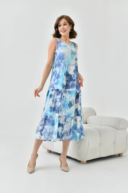 Kadın Lacivert Bisiklet Yaka Sıfır Kol Volan Detaylı Batik Elbise