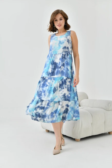 Kadın Lacivert Bisiklet Yaka Sıfır Kol Volan Detaylı Batik Elbise