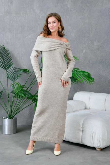 Kadın Madonna Yaka Slim Uzun Triko Elbise