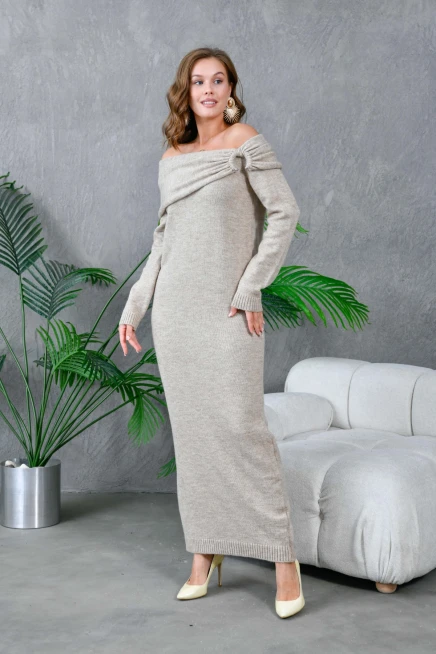 Kadın Madonna Yaka Slim Uzun Triko Elbise