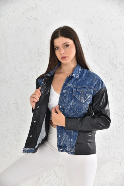 Womens Blue Leather Garnished Pocket Detailed Jean Jacket