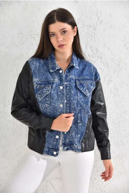 Womens Blue Leather Garnished Pocket Detailed Jean Jacket