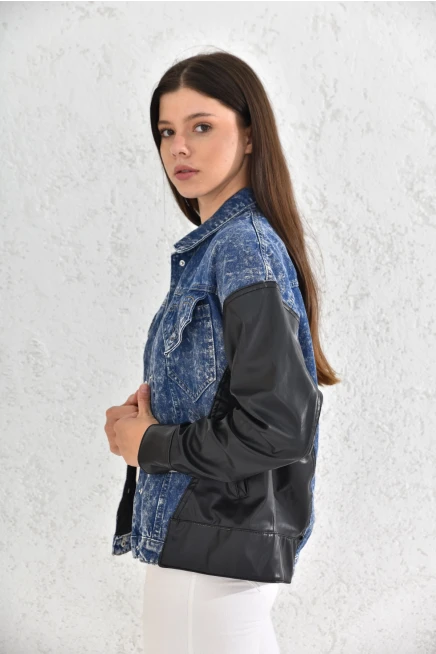 Womens Blue Leather Garnished Pocket Detailed Jean Jacket