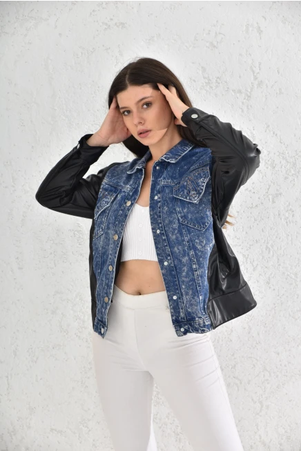 Womens Blue Leather Garnished Pocket Detailed Jean Jacket