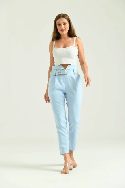 Kadın Mavi Yüksek Bel Kemer Detay Havuç Pantolon