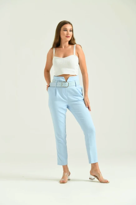 Kadın Mavi Yüksek Bel Kemer Detay Havuç Pantolon