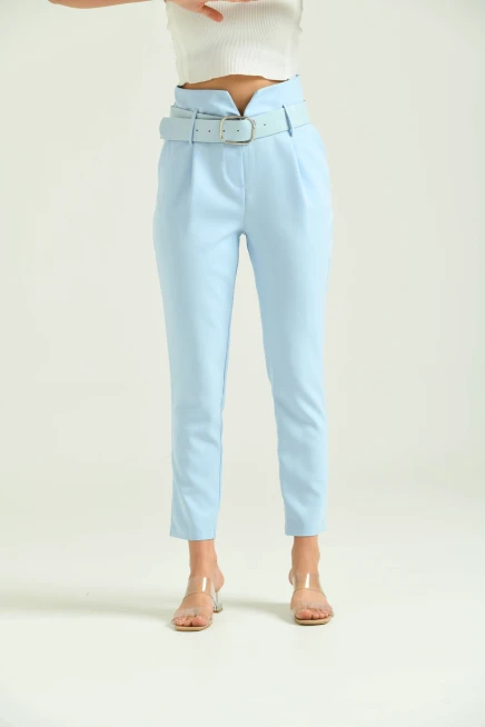 Kadın Mavi Yüksek Bel Kemer Detay Havuç Pantolon