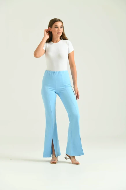 Kadın Mavi Yüksek Bel Paça Detay Toparlayıcı Kumaş Pantolon