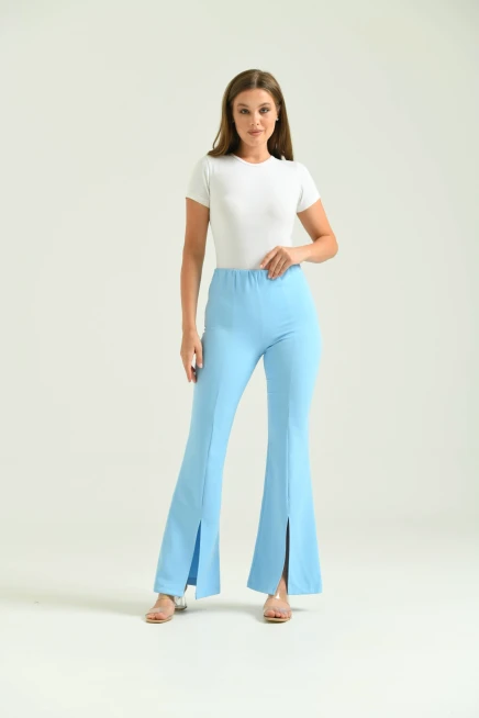Kadın Mavi Yüksek Bel Paça Detay Toparlayıcı Kumaş Pantolon