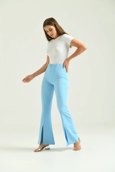 Kadın Mavi Yüksek Bel Paça Detay Toparlayıcı Kumaş Pantolon