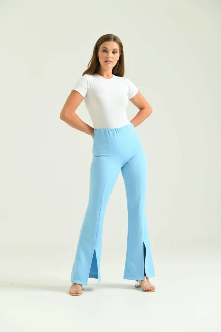 Kadın Mavi Yüksek Bel Paça Detay Toparlayıcı Kumaş Pantolon