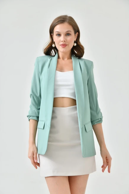 Kadın Mint Kol Büzgülü Blazer Ceket