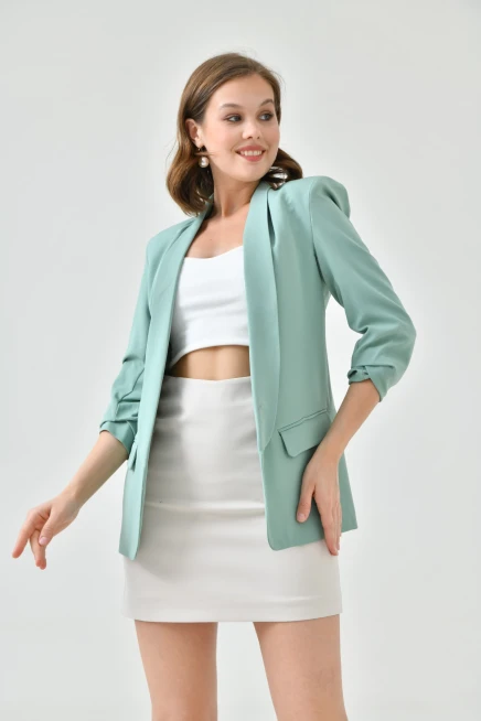 Kadın Mint Kol Büzgülü Blazer Ceket