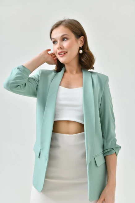 Kadın Mint Kol Büzgülü Blazer Ceket