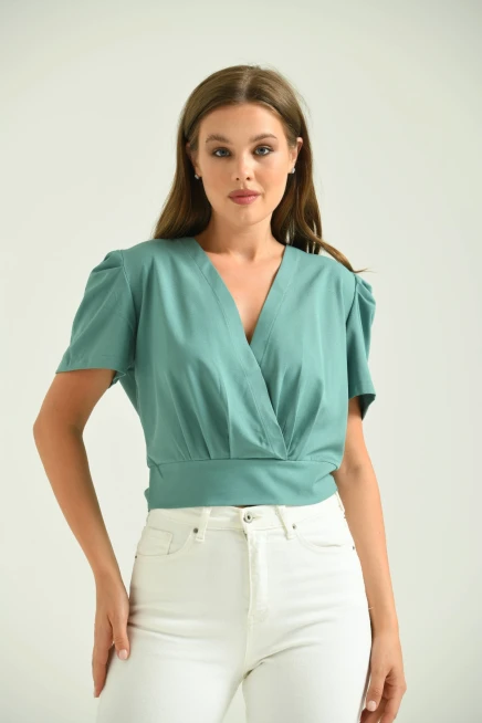 Kadın Mint Kruvaze Yaka Kısakol Bluz