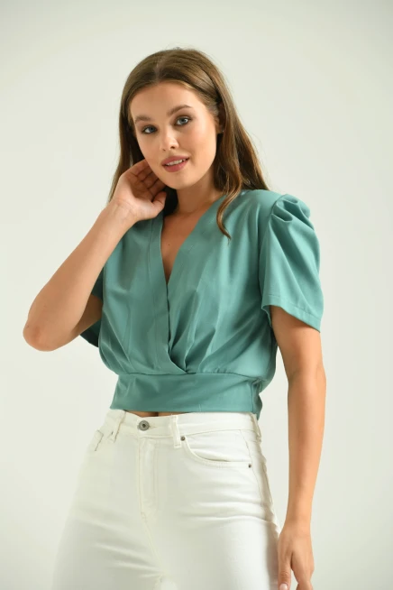 Kadın Mint Kruvaze Yaka Kısakol Bluz