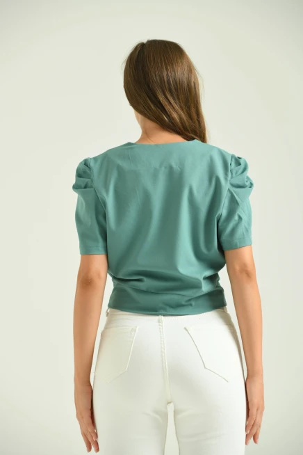 Kadın Mint Kruvaze Yaka Kısakol Bluz