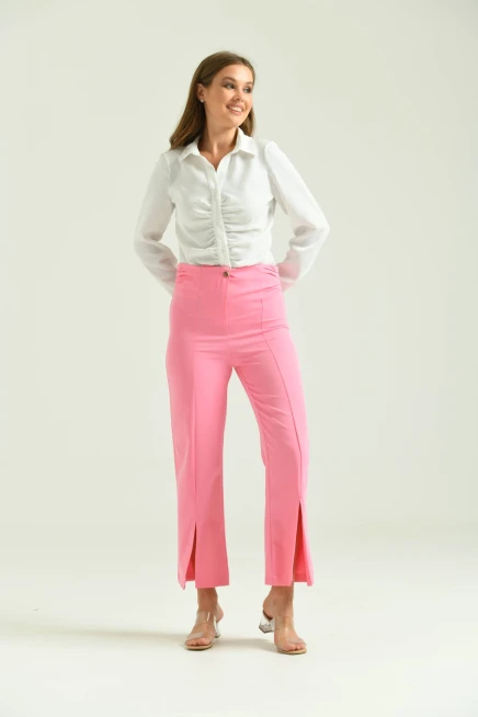 Kadın Pembe Beli Büzgülü Paça Detay Kumaş Pantolon