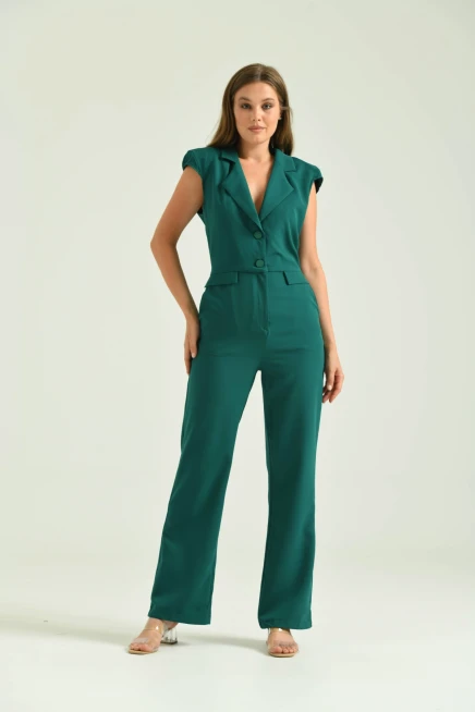 Kadın Petrol Ceket Yaka Slim Kumaş Tulum Elbise