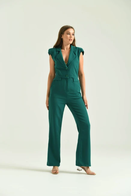 Kadın Petrol Ceket Yaka Slim Kumaş Tulum Elbise