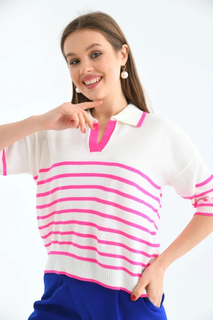 Kadın Polo Yaka Çizgili Triko Kazak Top-Ekru-Fuşya