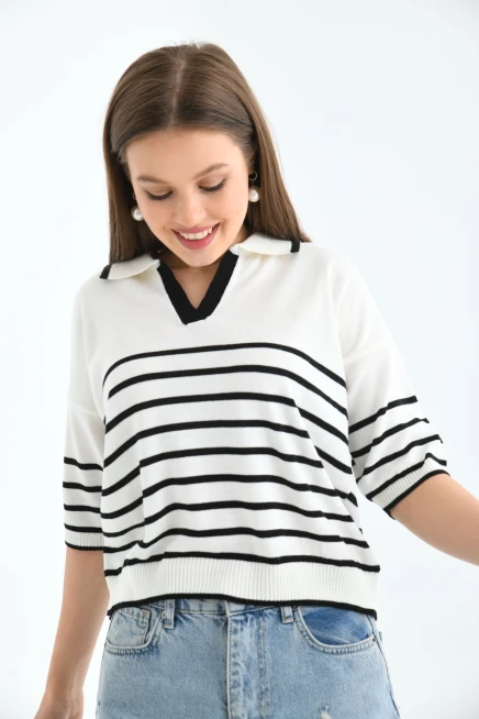 Kadın Polo Yaka Çizgili Triko Kazak Top-Ekru-Siyah