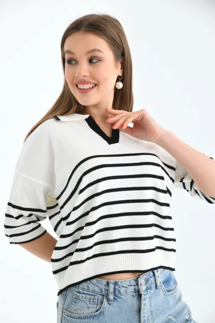 Kadın Polo Yaka Çizgili Triko Kazak Top-Ekru-Siyah