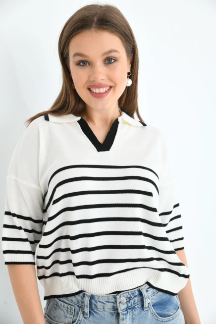 Kadın Polo Yaka Çizgili Triko Kazak Top-Ekru-Siyah