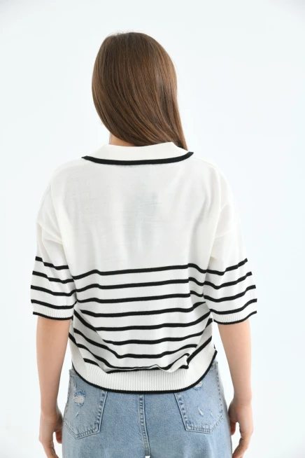 Kadın Polo Yaka Çizgili Triko Kazak Top-Ekru-Siyah
